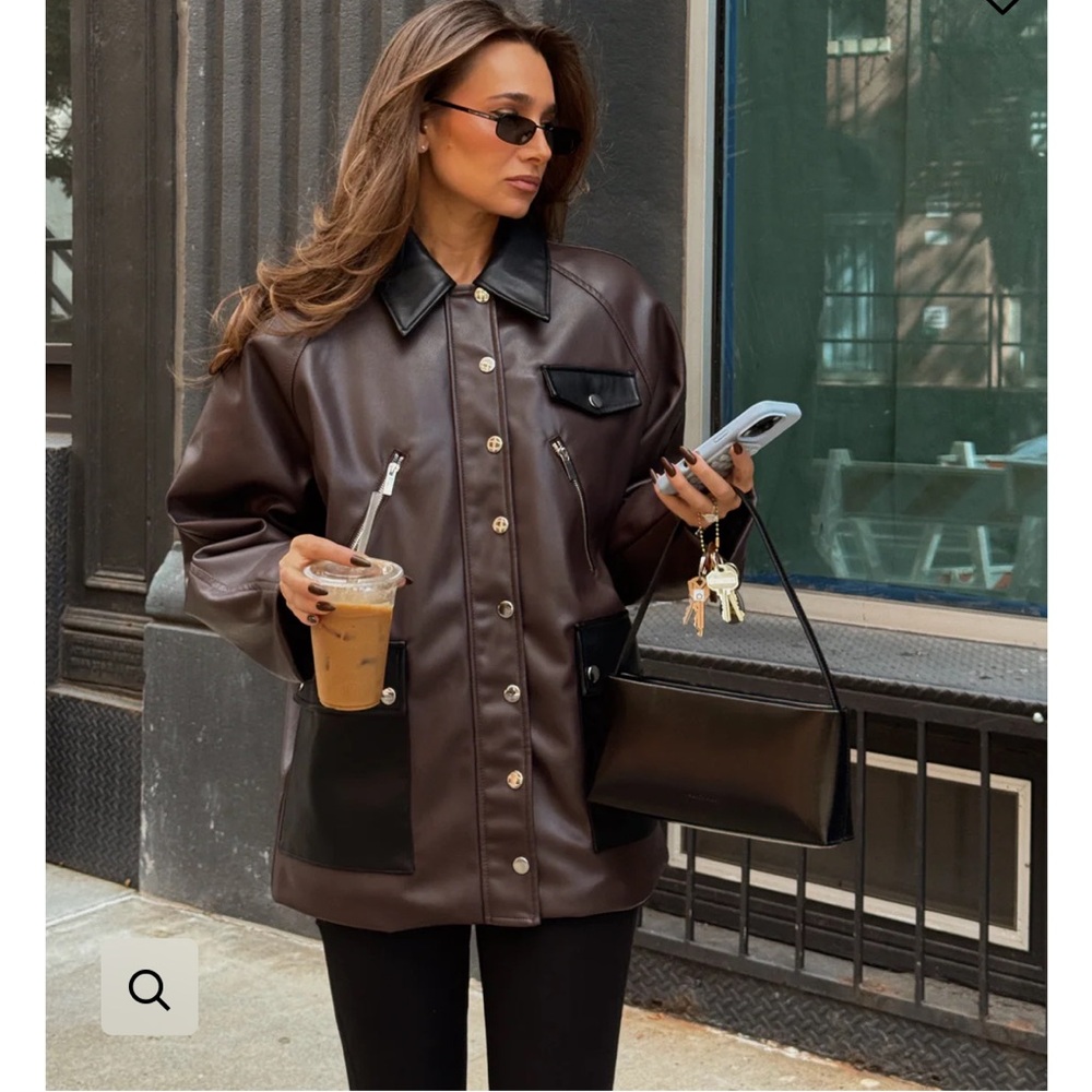 NWOT WeWoreWhat Women's Chocolate Brown Faux Leather Jacket with Black Trim